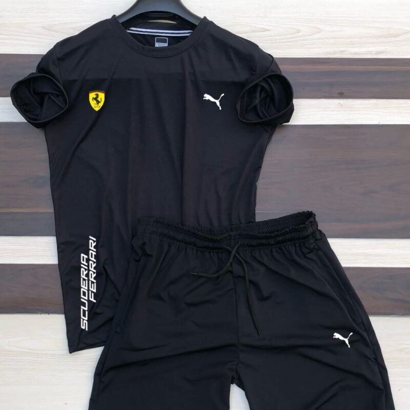 PUMA Ferrari Race T7 Tee Men Printed Round Neck Cotton Blend Black T-Shirt + Pant